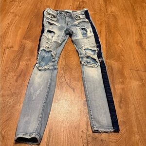 Men's Light Blue Distressed Skinny Jeans with Navy Stripe